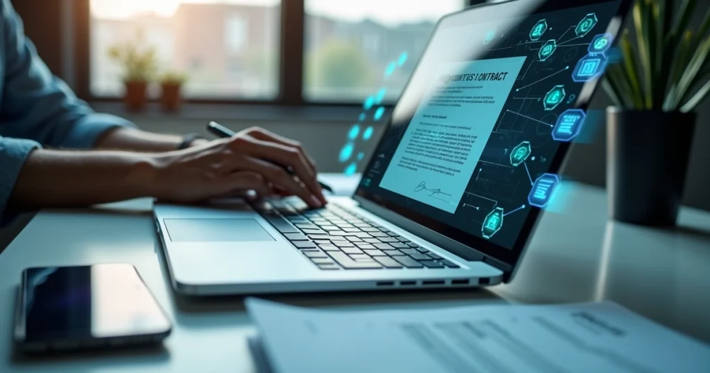 Mãos de uma pessoa usando laptop com tela mostrando assinatura eletrônica digital e documentos online
