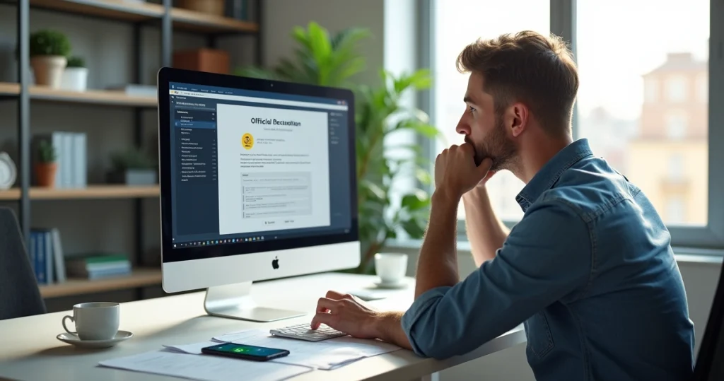 Homem pensando e olhando para a tela de computador com certificado digital na tela